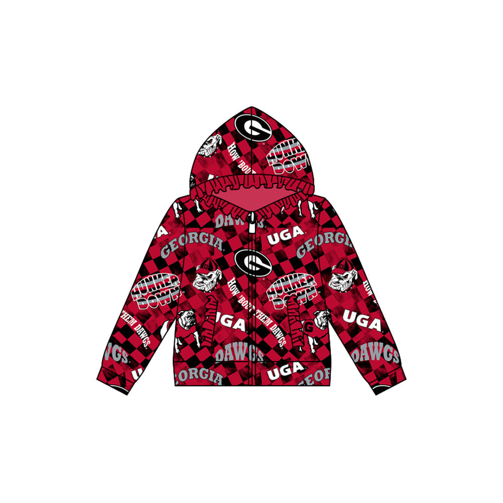 Baby Girl Long Sleeves Dog Team Checked Red Ruffle Hooded Zipper Pocket Coat Shirt Tops Moq 5