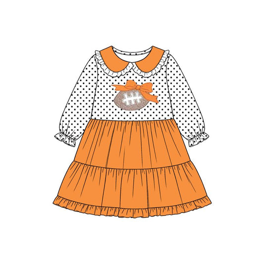 ( Moq 5 ) Preorder Baby Girls Long Sleeves Football Bows Knee Length Orange Dress Clothes