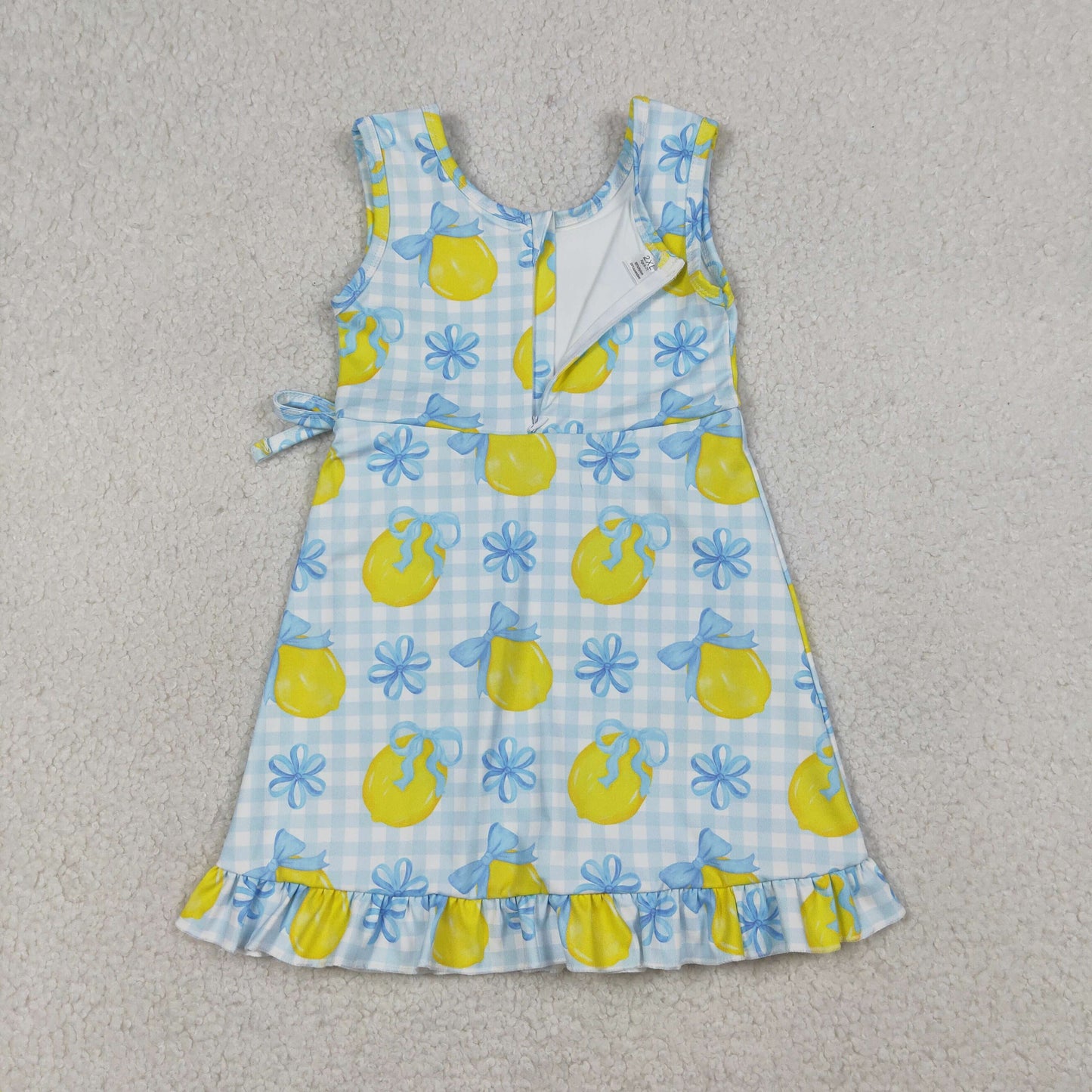 Baby Girls Kids Sleeveless Lemons Bows Blue Plaid Yoga Active Shorts Knee Length Dress RTS