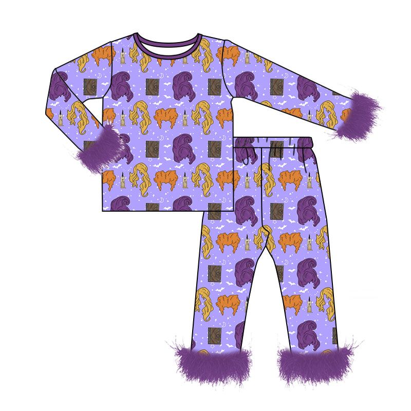 ( Moq 5 ) Preorder Baby Girls Kids Halloween Shirt Pants Fur Set Pajamas Purple Clothes