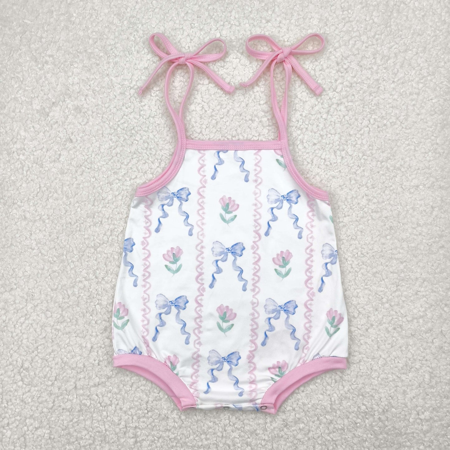 Baby Girl Infant Straps Blue Bows Flower Bubble Romper RTS