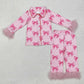 Baby Girl Fur Long Sleeves Pink Bows Buttons Shirt Pants Pajamas Clothes Set