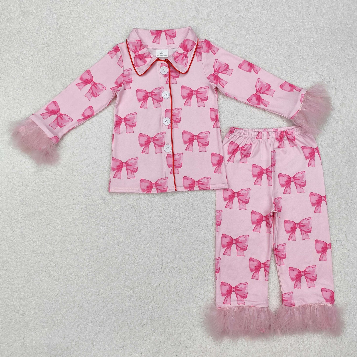 Baby Girl Fur Long Sleeves Pink Bows Buttons Shirt Pants Pajamas Clothes Set