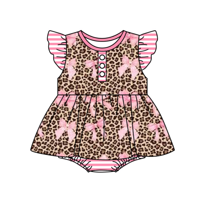 Baby Girl Short Sleeves Bows Leopard Sibling Romper Dress Clothes Set ( Moq 5 Each Design )
