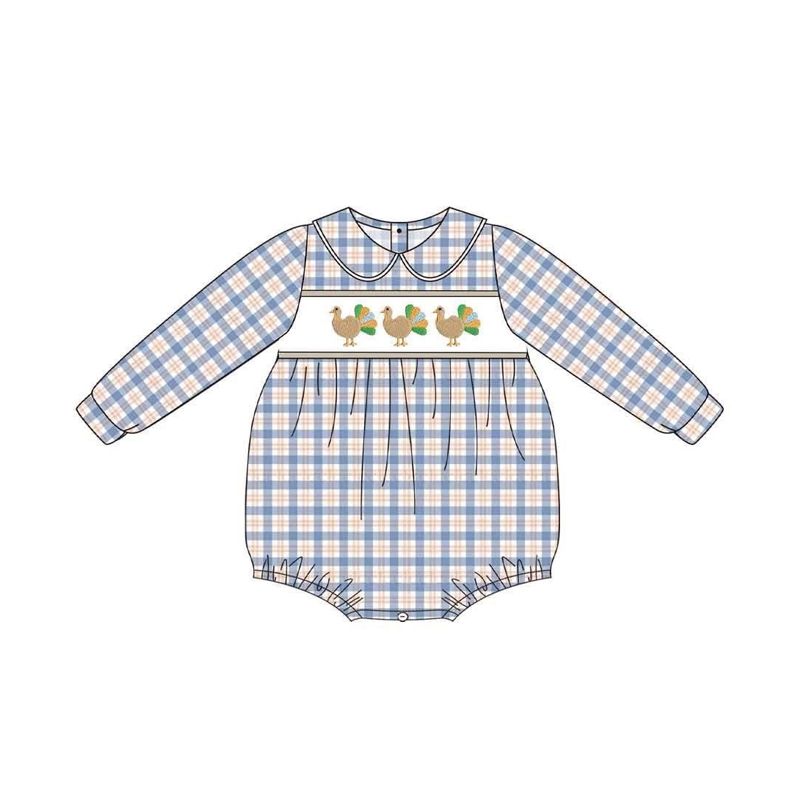 ( No moq ) Preorder Baby Boy Kids Long Sleeves turkey Thanksgiving Plaid Bubble Romper Clothes