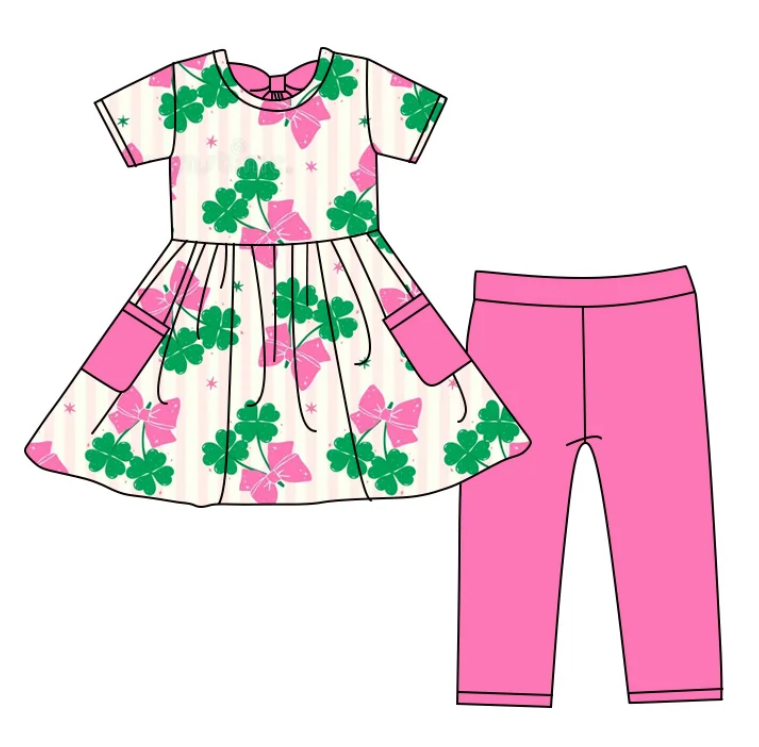 ( Moq 5 Each Style ) Baby Girls Clovers Bows St. Patrick's Day Sibling Hoodie Shirt Sets