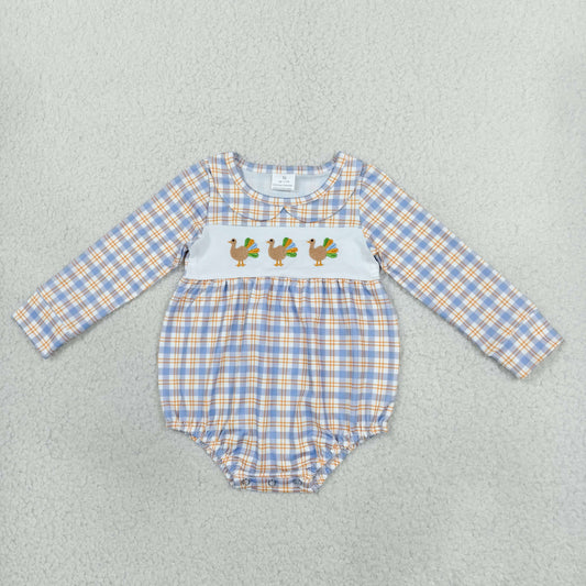 Baby Boy Kids Long Sleeves Embroidery turkey Thanksgiving Plaid Bubble Romper Clothes RTS
