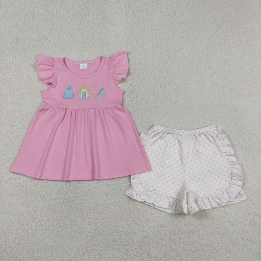 Baby Girls Kids Short Sleeves Embroidery Tunic Dots Ruffle Shorts Princess Set RTS