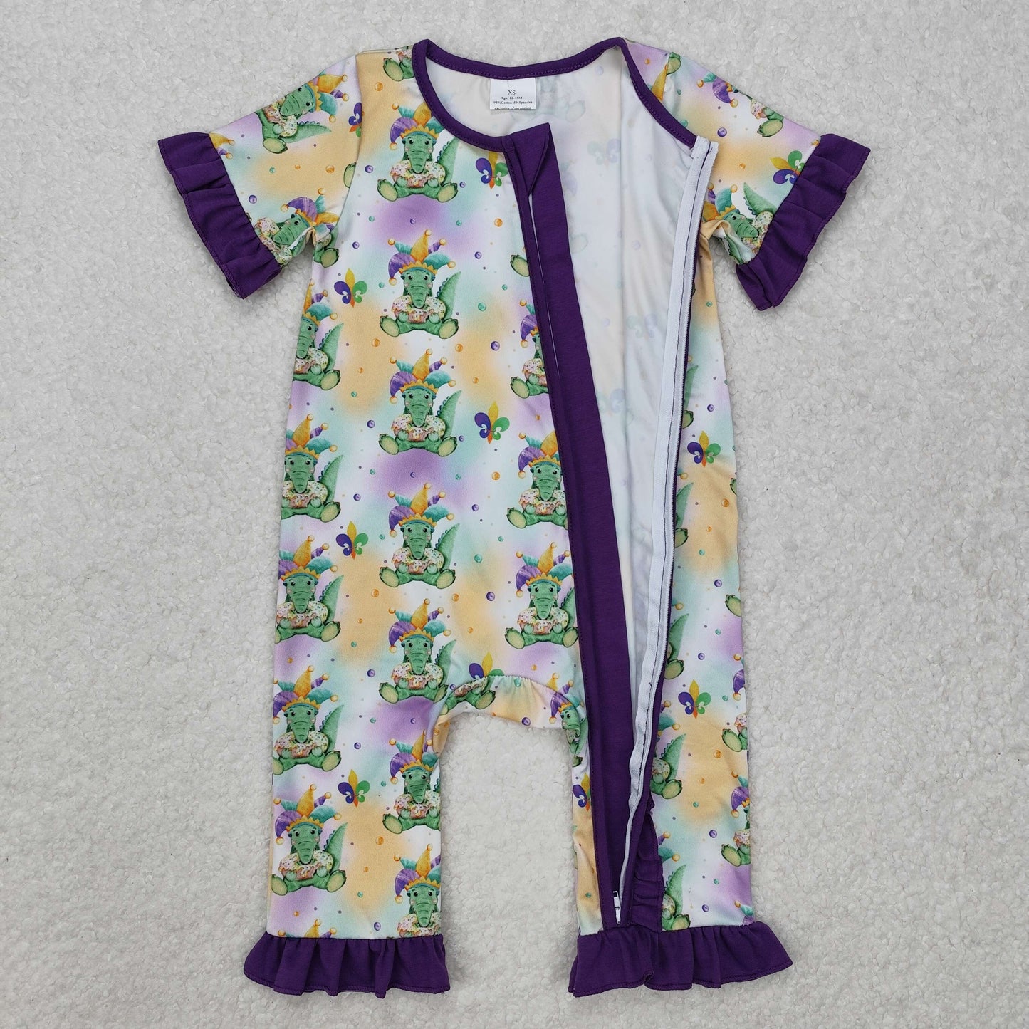 RTS Baby Girl Infant Short Sleeves Mardi Gras Zipper Romper