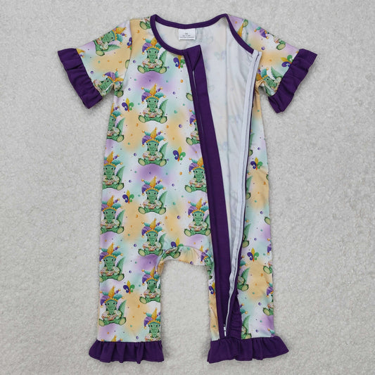 RTS Baby Girl Infant Short Sleeves Mardi Gras Zipper Romper