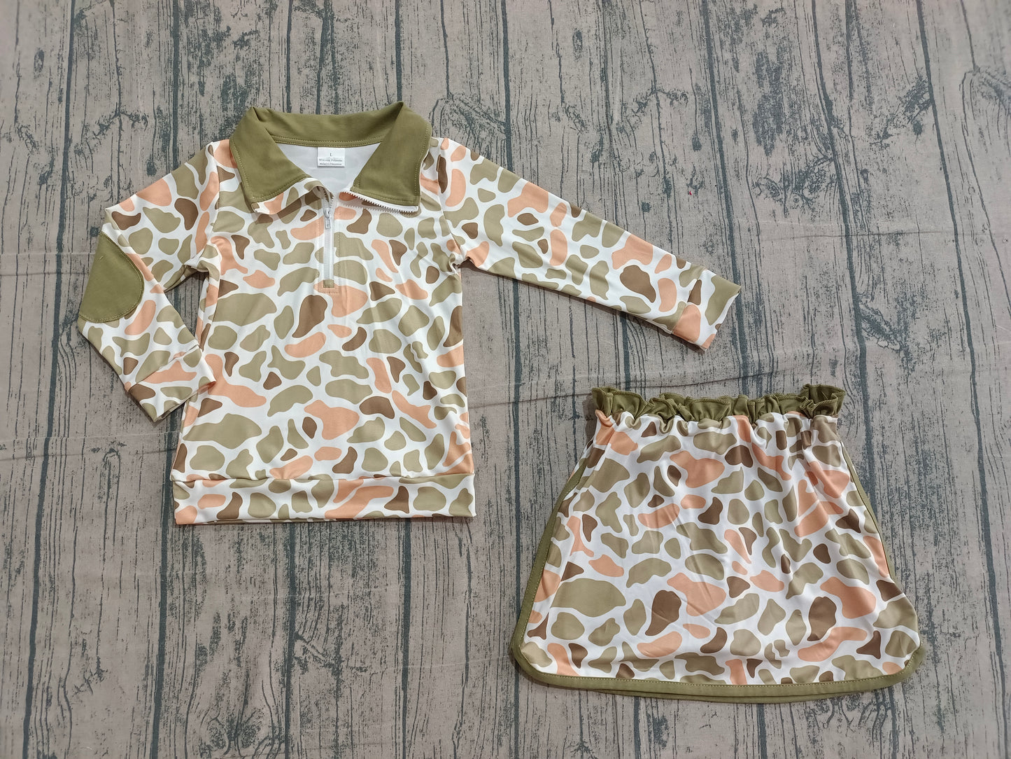 Baby Girls Long Sleeves Orange Green Camo Zipper Pullover Skirt Shorts Set RTS