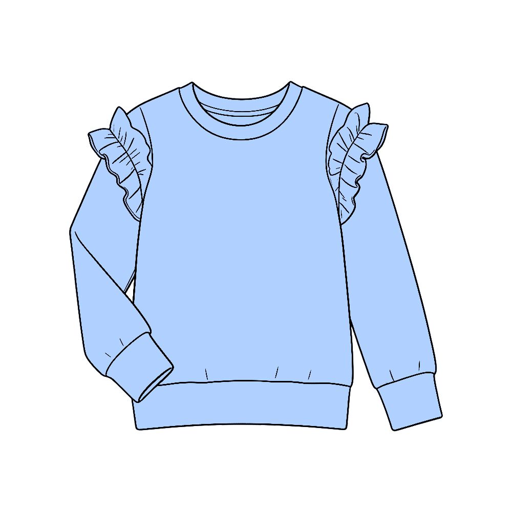 ( Moq 5 ) Preorder Baby Girls Kids Long Sleeves Ruffle Cotton Shirt Blue Clothes