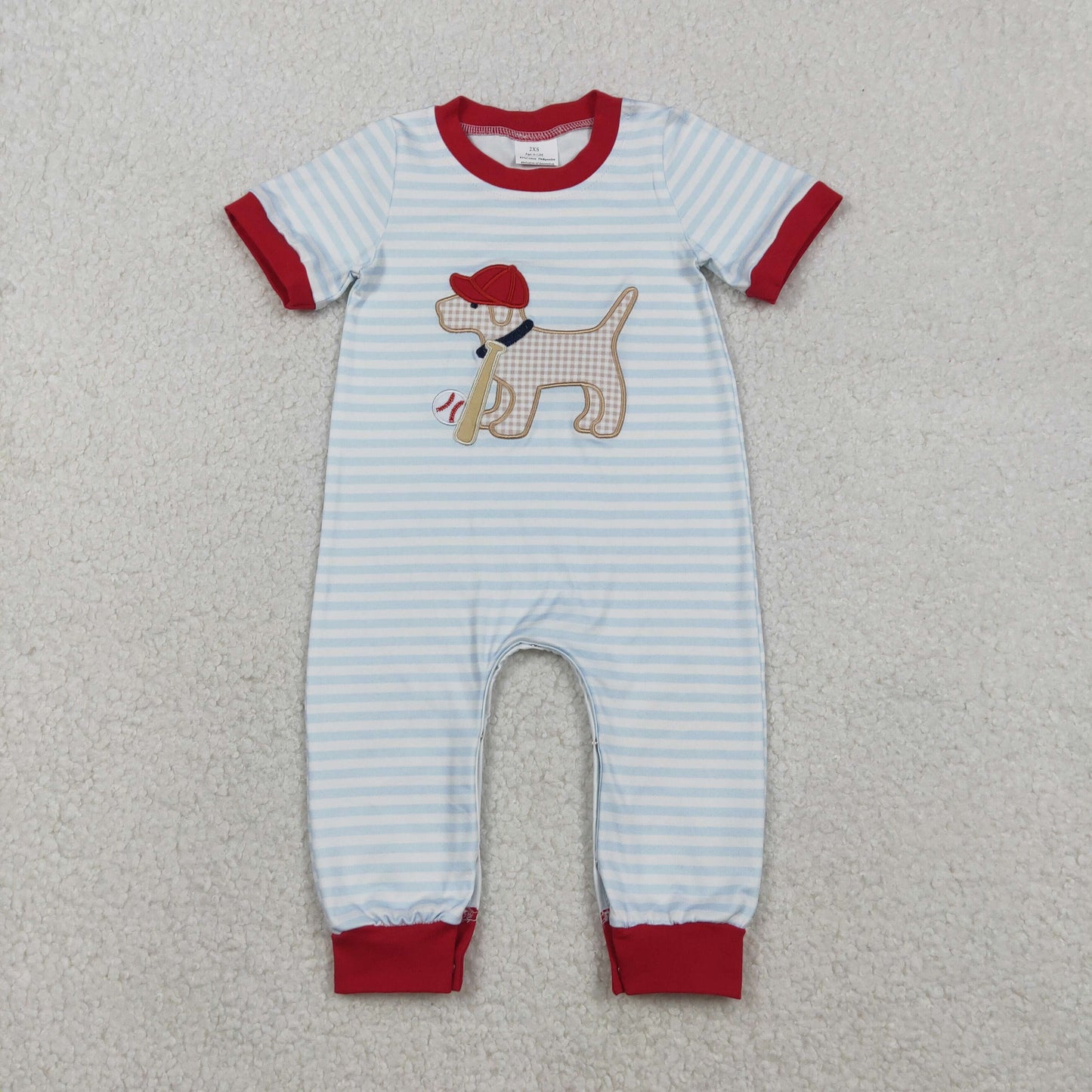 Baby Boys Short Sleeves Embroidery Dog Baseball Blue Stripes Buttons Romper RTS