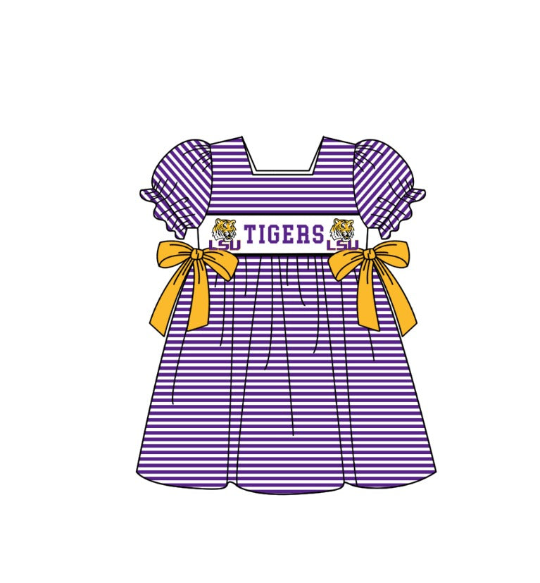 ( Moq 5 ) Baby Girls Toddler Short Sleeves Tigers Bows Purple Stripes Knee Length Dress