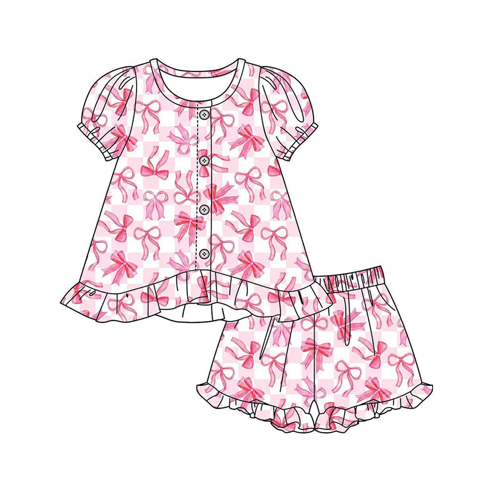 ( Moq 5 ) Preorder Baby Girls Kids Short Sleeves Pink Bows Plaid Tops Ruffle Shorts Set Clothes