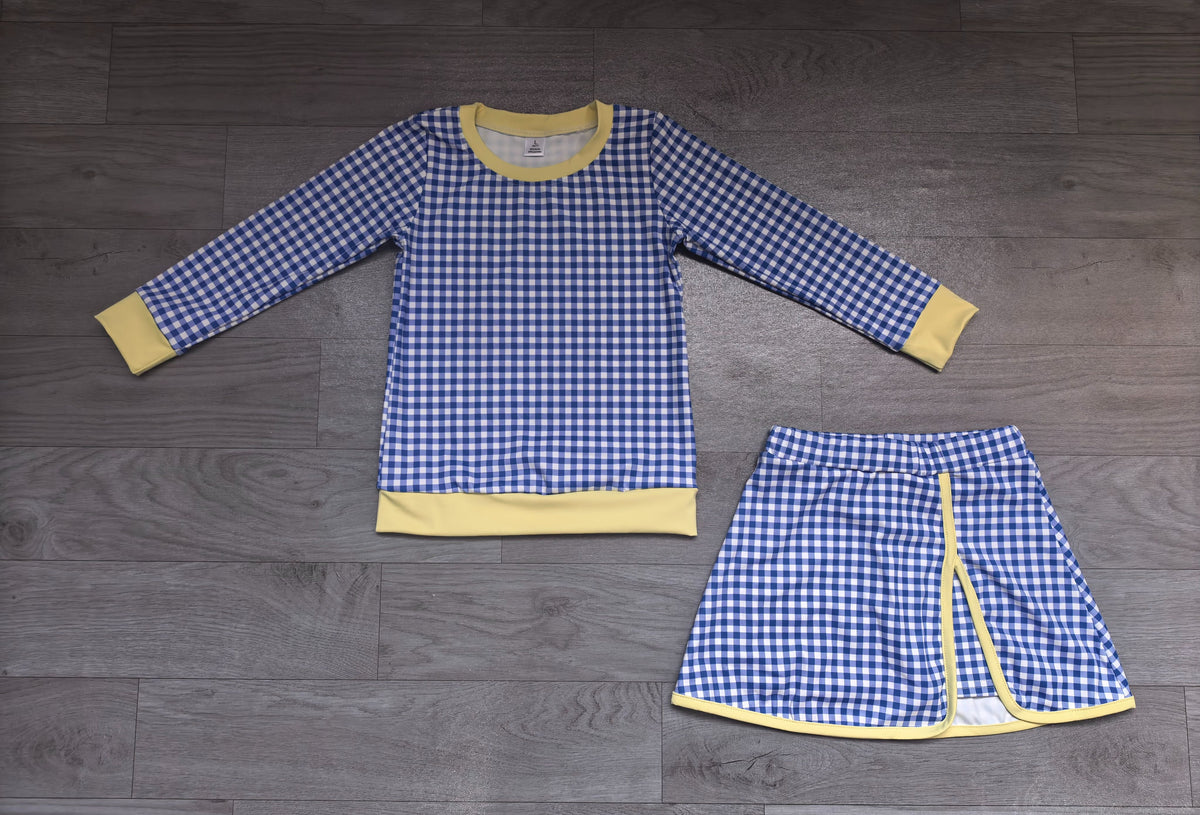( No moq ) Preorder Baby Girls Kids Long Sleeves Blue Plaid Shirt Skirt Shorts Set Yoga Active Clothes