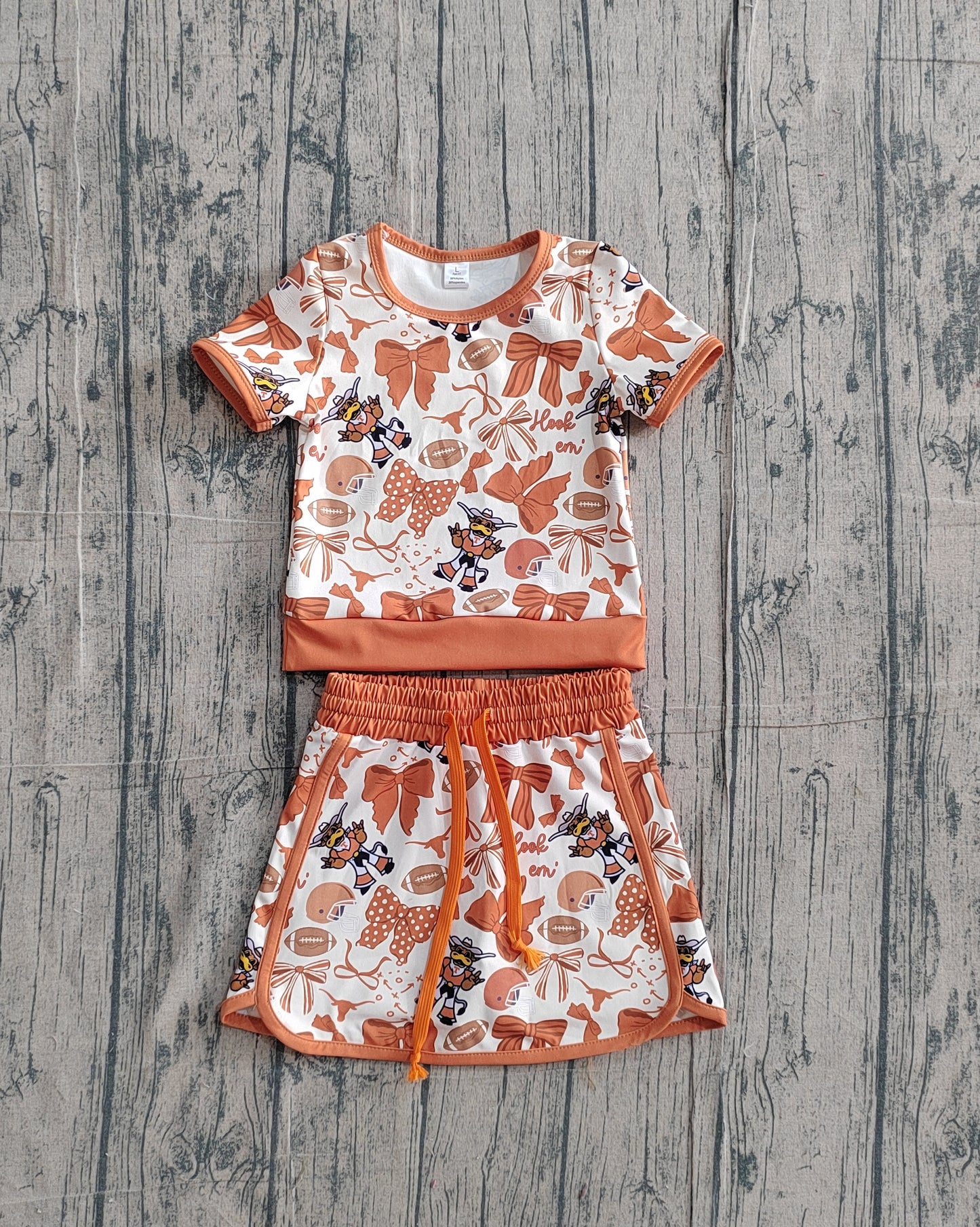 Baby Girls Toddler Short Sleeves Cow Bows Football Team Shirt Shorts Yoga Brown Set RTS