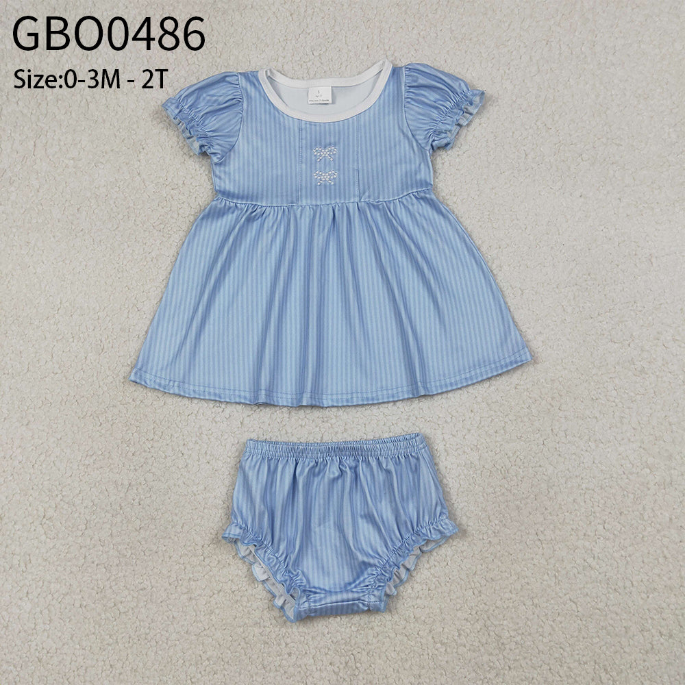 Baby Girls Short Sleeves Embroidery Bows Stripes Tops Bummie Shorts Set RTS