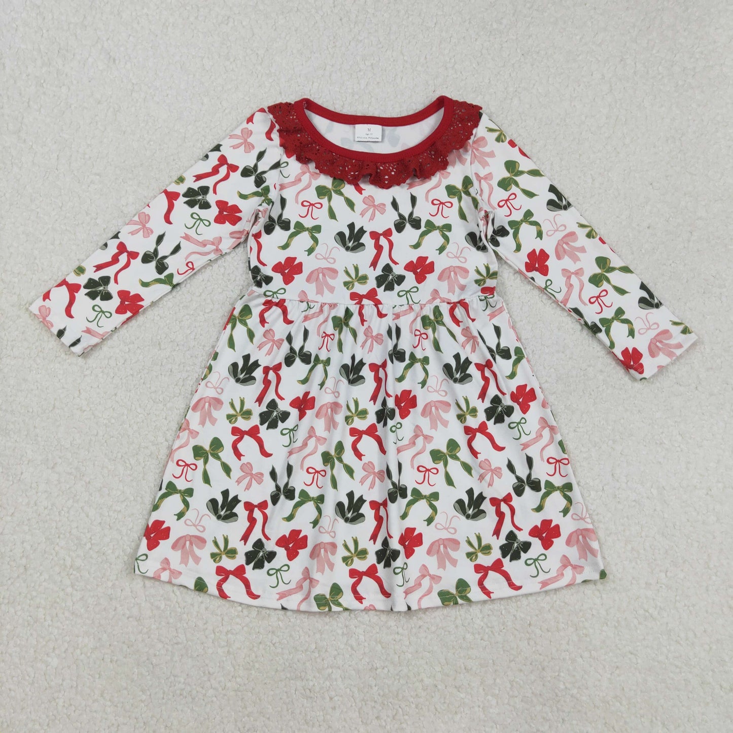 Baby Girl Long Sleeves Bows Christmas Lace Ruffle Knee Length Dress RTS