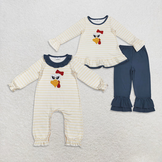 Sibling Baby Girl Long Sleeves Embroidery turkey Bow Stripes Thanksgiving Fall Romper Set RTS