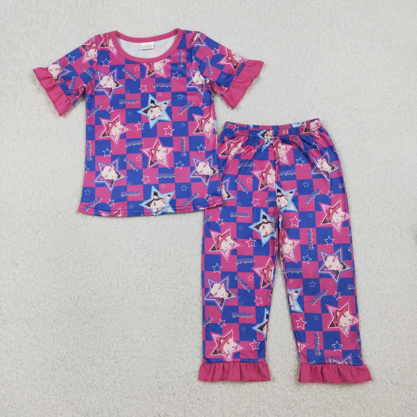 Baby Girls Kids Short Sleeves Singer Stars Plaid Shirt Pants Pajamas Set RTS