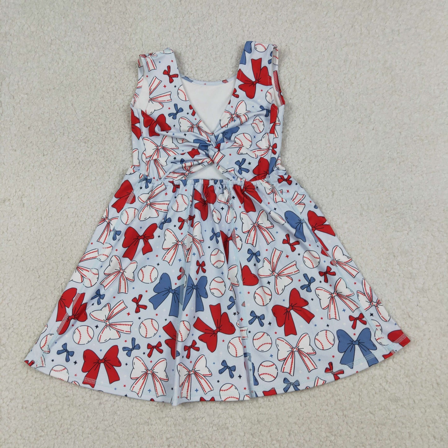 Baby Girls Toddler Baseball Bows Flags 4th of July Yoga Shorts Knee Length Dress Blue Clothes RTS