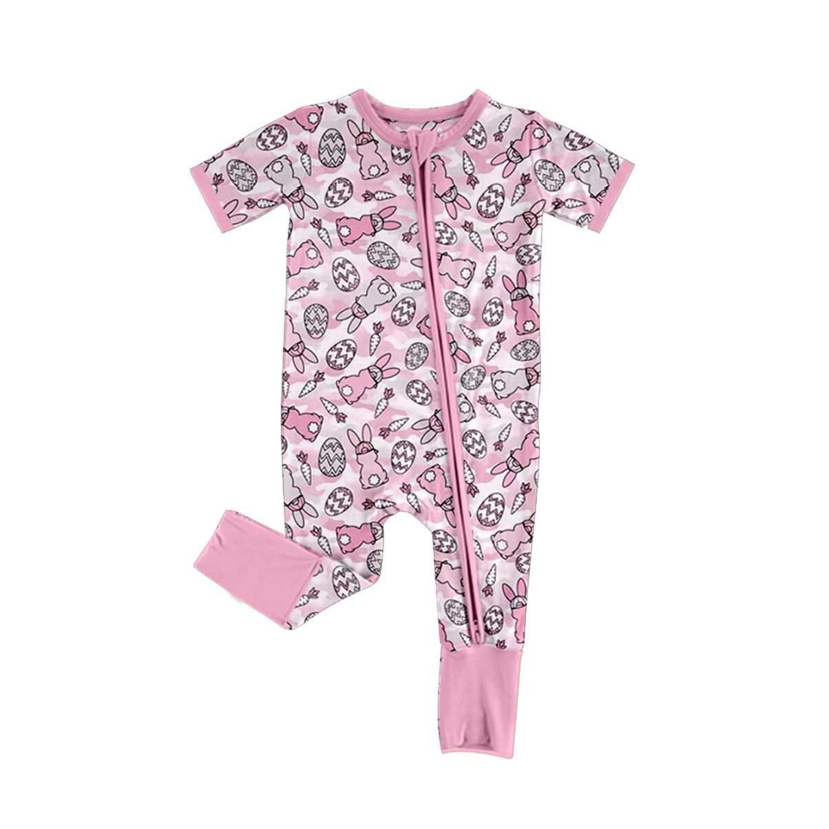 ( Moq 5 ) Preorder Baby Girls Infant Short Sleeves Rabbits Eggs Easter Zipper Romper Camo Clothes
