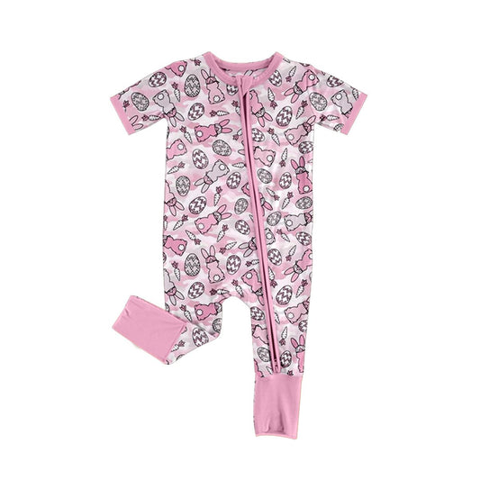 ( Moq 5 ) Preorder Baby Girls Infant Short Sleeves Rabbits Eggs Easter Zipper Romper Camo Clothes