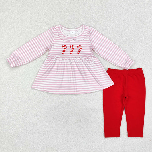 Baby Girl Christmas Long Sleeves Candy Cane Pink Tops Red Legging Set