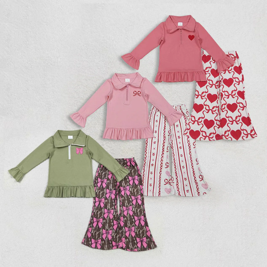 Sibling Baby Girls Embroidery Zipper Shirt Hearts Bows Pants Valentine's Day Clothes Sets RTS