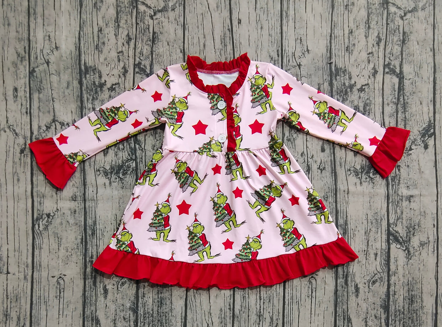 Baby Girl Long Sleeves Green Face Stars Christmas Buttons Ruffle Gown Dress RTS