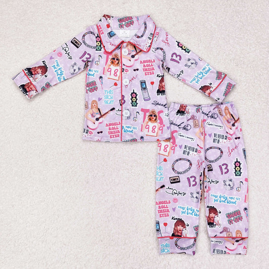 Baby Girl Singer Buttons Shirt Pants Pajamas Purple Set