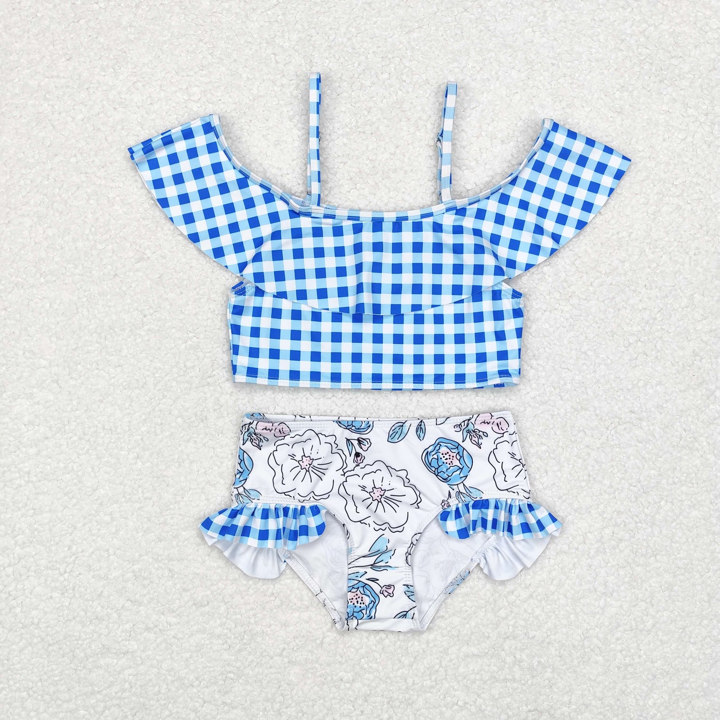 Baby Girl Summer Blue Plaid Tops Flower Bummie Shorts Swimsuit