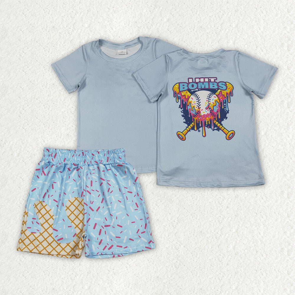 Baby Boys Kids Blue Short Sleeves Baseball Shirt Sprinkles Shorts Set Team Clothes RTS