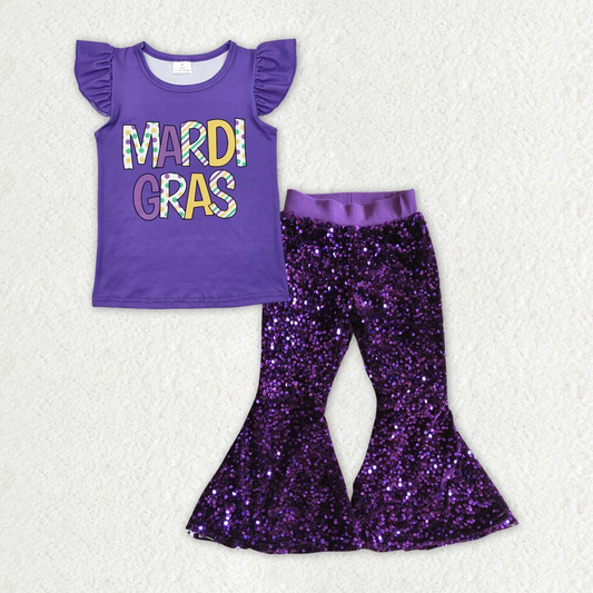 Baby Girl Short Sleeves Mardi Gras Shirt Purple Sequins Pants Clothes Set