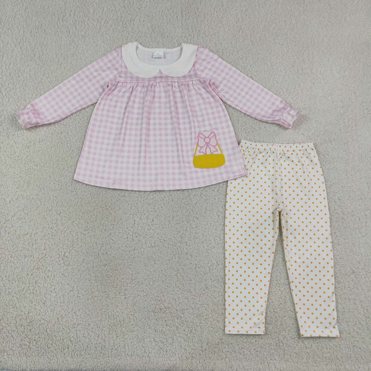 Baby Girls Kids Pink Plaid Bows Candy Tunic Pants Embroidery Set Halloween Clothes RTS
