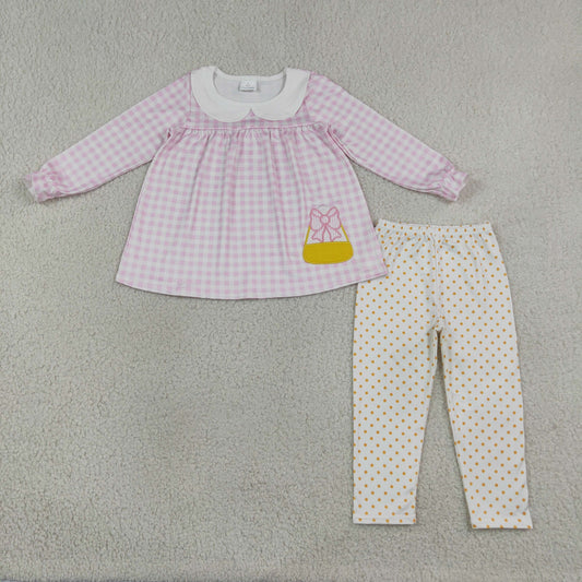 Baby Girls Kids Pink Plaid Bows Candy Tunic Pants Embroidery Set Halloween Clothes RTS