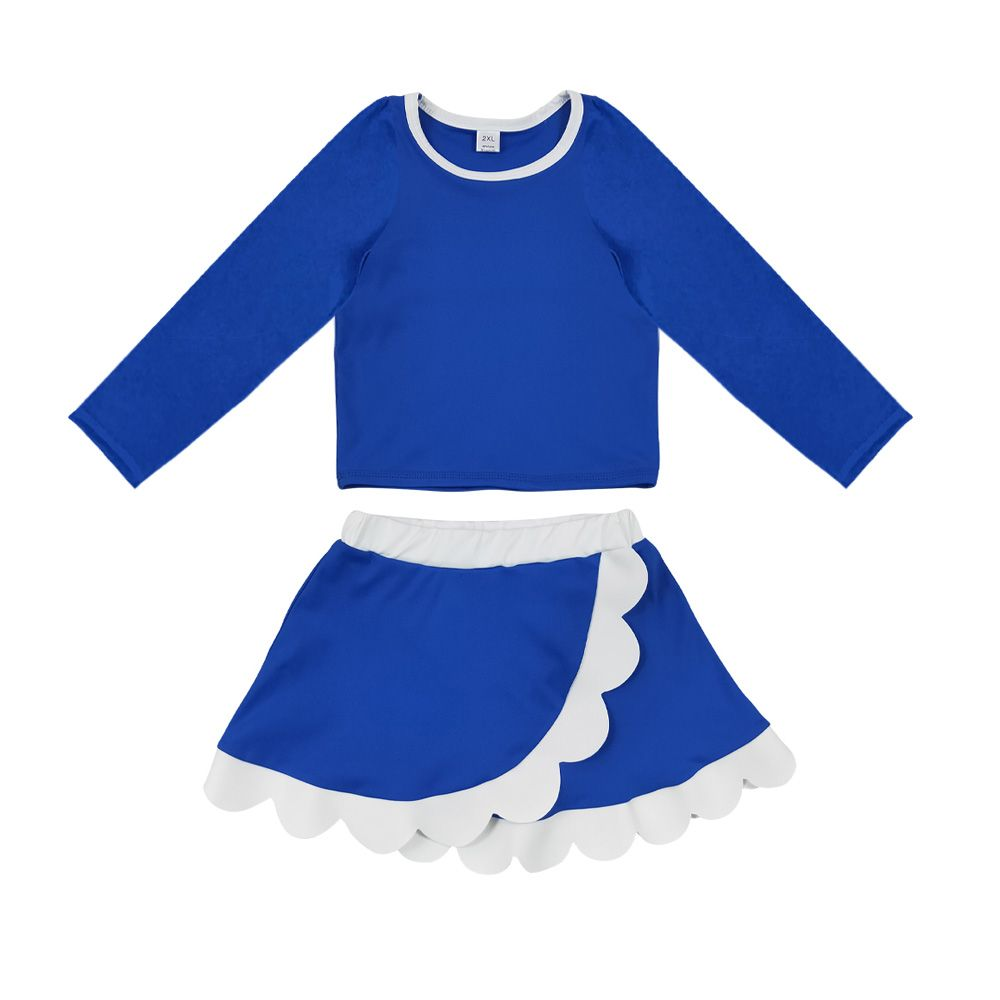 ( Moq 5 ) Preorder Baby Girls Kids Blue Shirt Scalloped Skirt Shorts Set Yoga Active Clothes