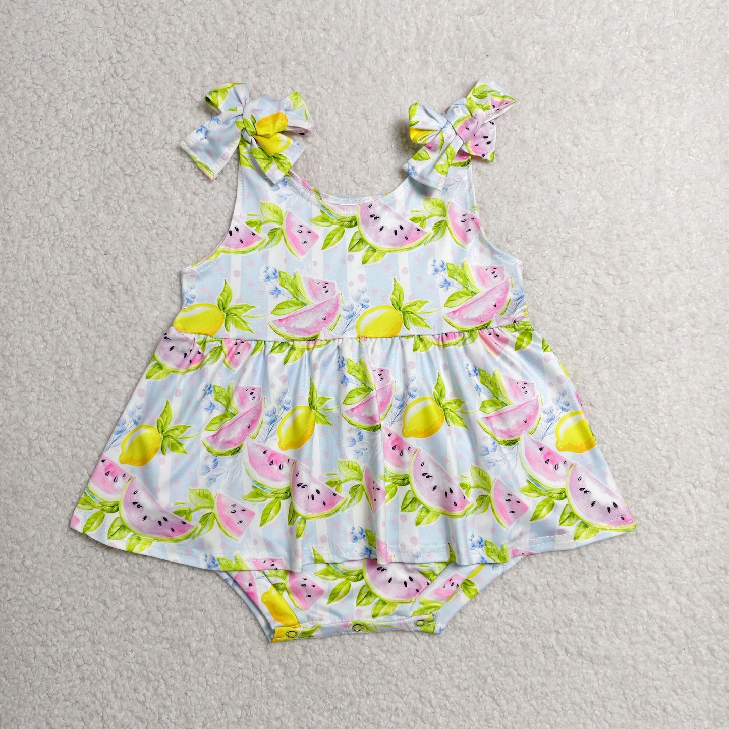 Baby Girls Infant Sleeveless Fruits Blue Stripes Summer Ruffle Romper RTS