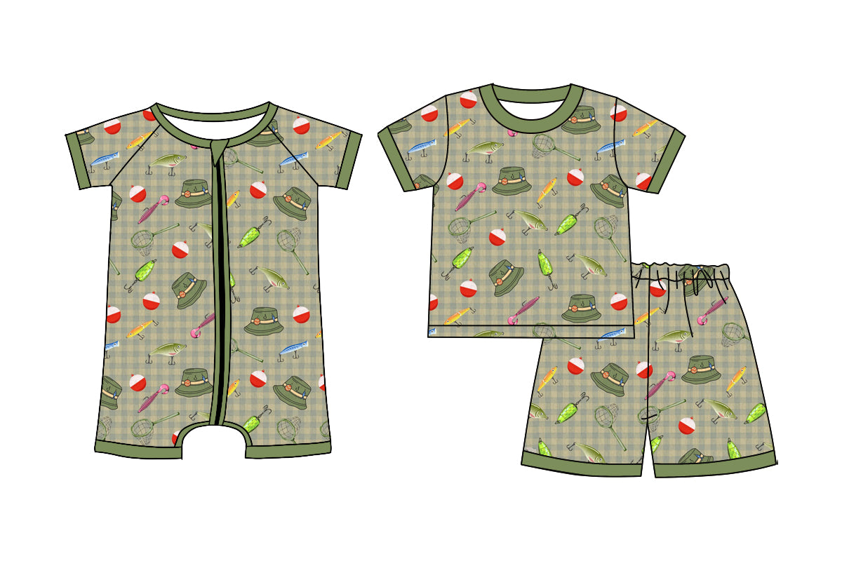 ( Moq 5 Each Style ) Sibling Baby Boys Kids Fishing Hats Green Shirt Shorts Set Romper