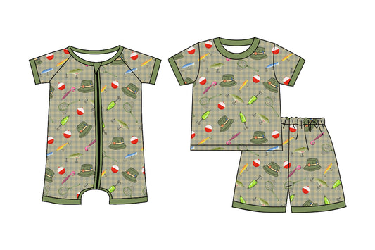( Moq 5 Each Style ) Sibling Baby Boys Kids Fishing Hats Green Shirt Shorts Set Romper