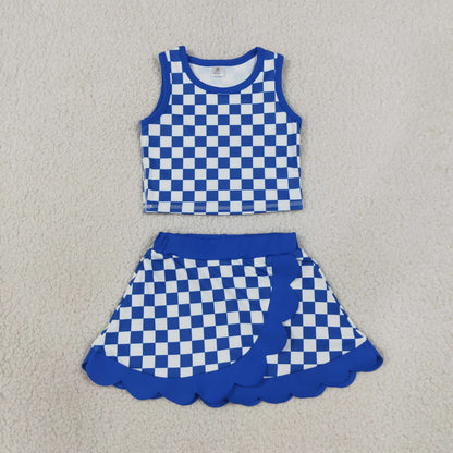 Sibling Baby Girls Kids Sleeveless Checked Shirts Scallop Skirts Shorts Yoga Active Sets Clothes RTS