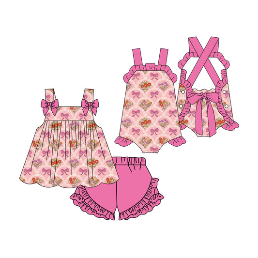 ( Moq 5 Each Style ) Sibling Baby Girls Kids Bows Flower Tops Shorts Summer Set Romper
