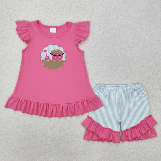 RTS Baby Girl Short Sleeves Embroidery Pink Beach Tunic Stripes Ruffle Shorts Clothes Set