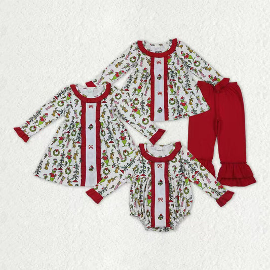 Sibling Girls Kids Embroidery Green Face Bows Christmas Romper Dress Set Clothes RTS