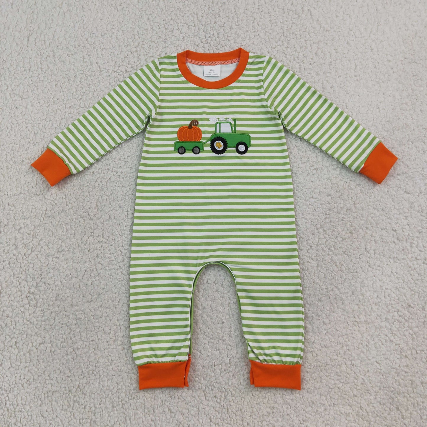 Baby Boys Infant Long Sleeves Embroidery Pumpkin Trucks Green Stripes Romper Thanksgiving Clothes RTS