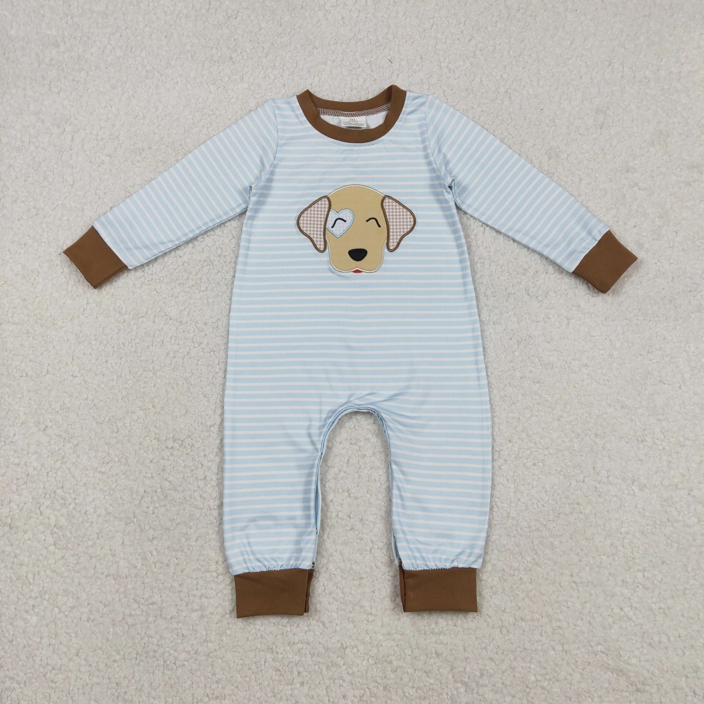Baby Boys Infant Embroidery Dog Heart Blue Stripes Valentine's Day Romper RTS