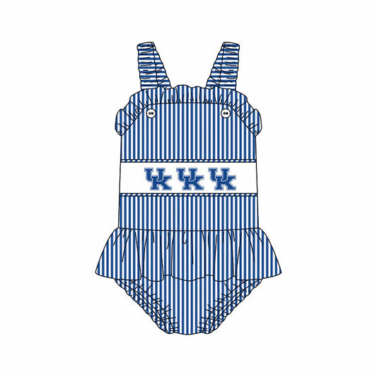 ( Moq 5 ) Baby Girls Kids Sleeveless UK Blue Stripes Team Ruffle Bubble Romper