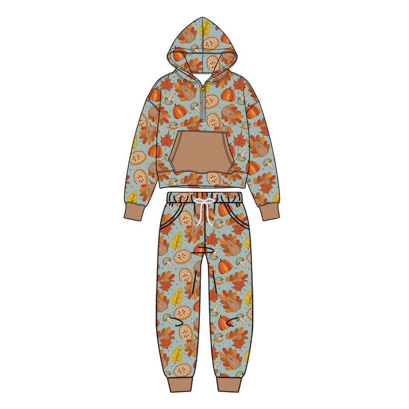 ( Moq 5 ) Preorder Baby Boys Kids turkey Pumpkins Hoodie Hoodie Zip Shirt Pockets Pants Thanksgiving Set