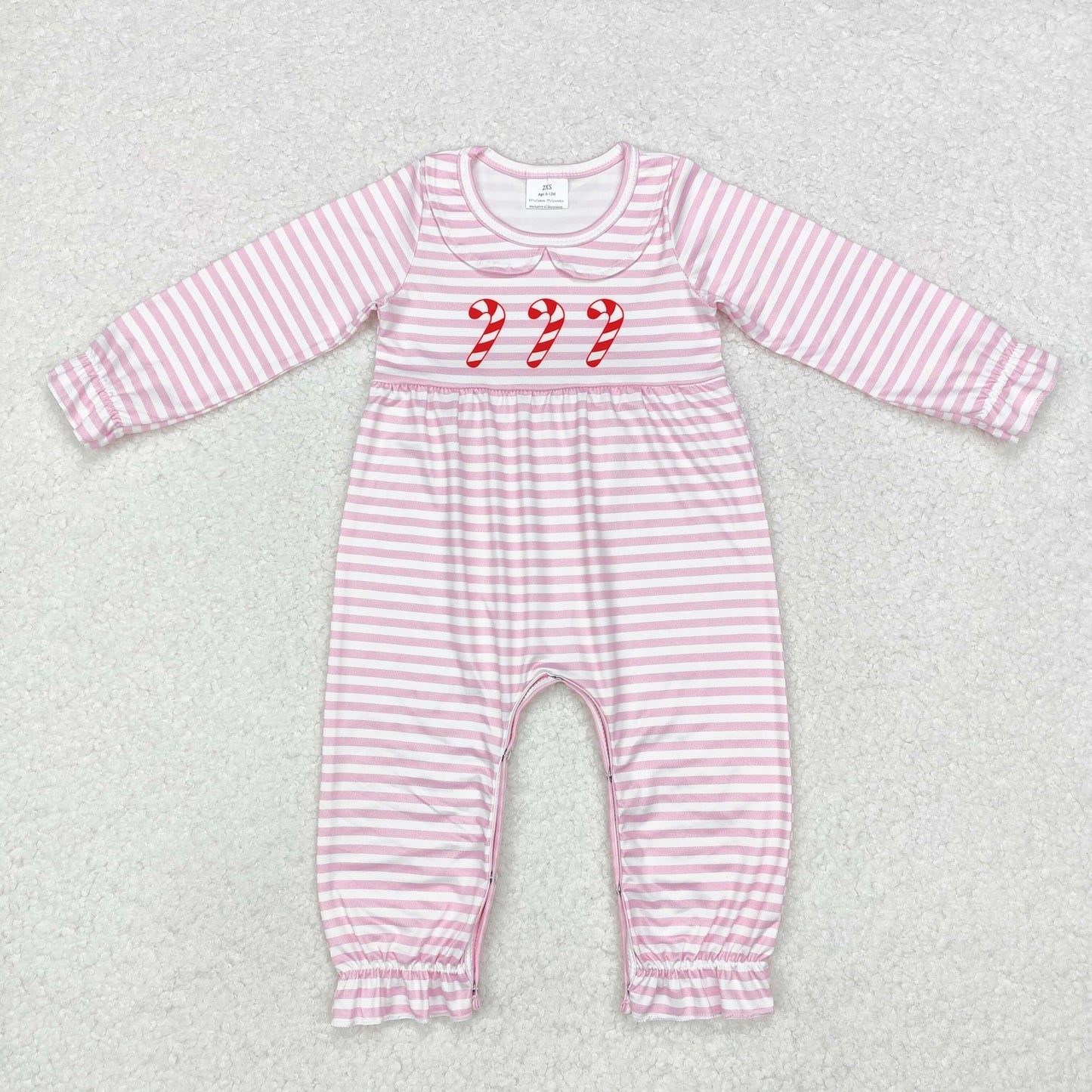 Baby Girl Long Sleeves Christmas Candy Cane Pink Stripes Romper